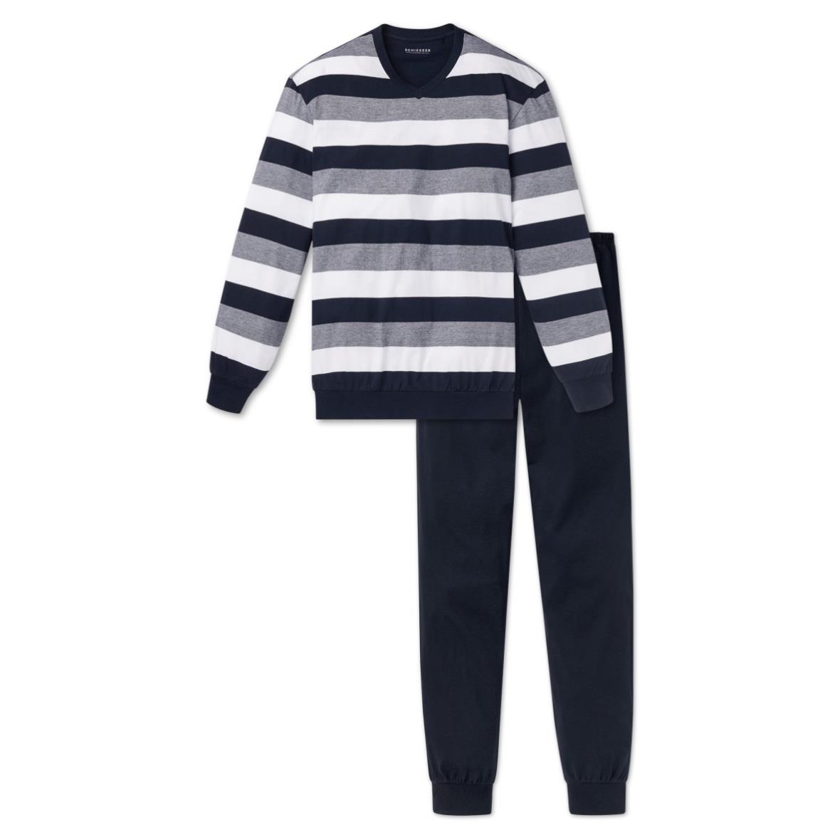 Schlafanzug lang Blockringel Bündchen dunkelblau-weiß - Dark Sapphire<br />  - Siemers Online-Shop