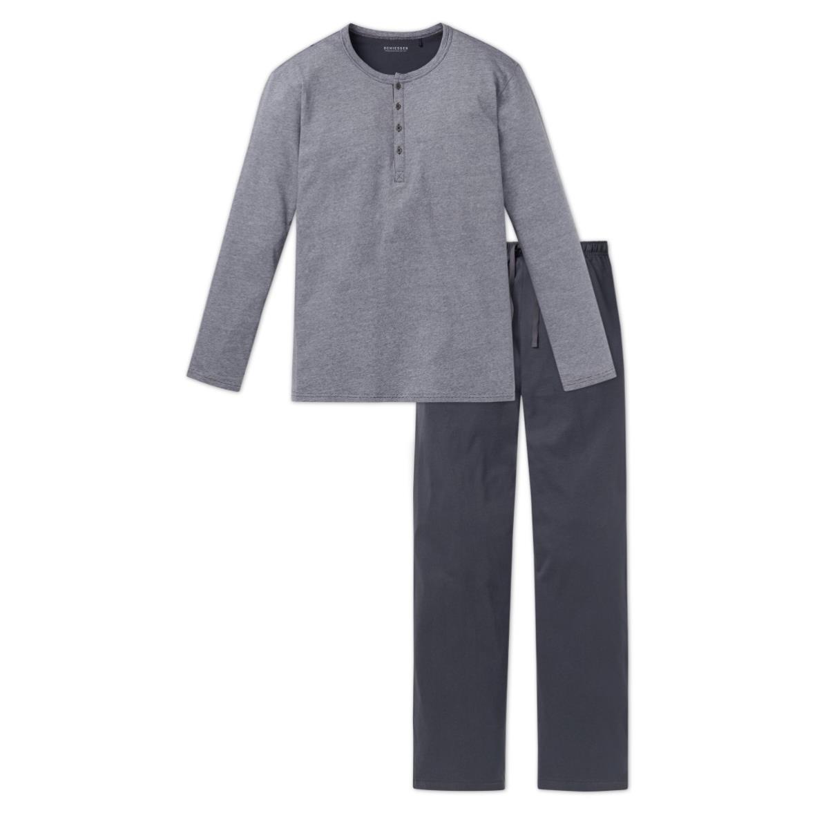 Schlafanzug lang Knopfleiste grau-weiß geringelt - Ebony<br /> - Siemers  Online-Shop
