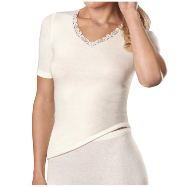 Sangora by Conta Damen halbarm Unterhemd Angora/Schurwolle Spenzer 1/4 Arm mit Spitze